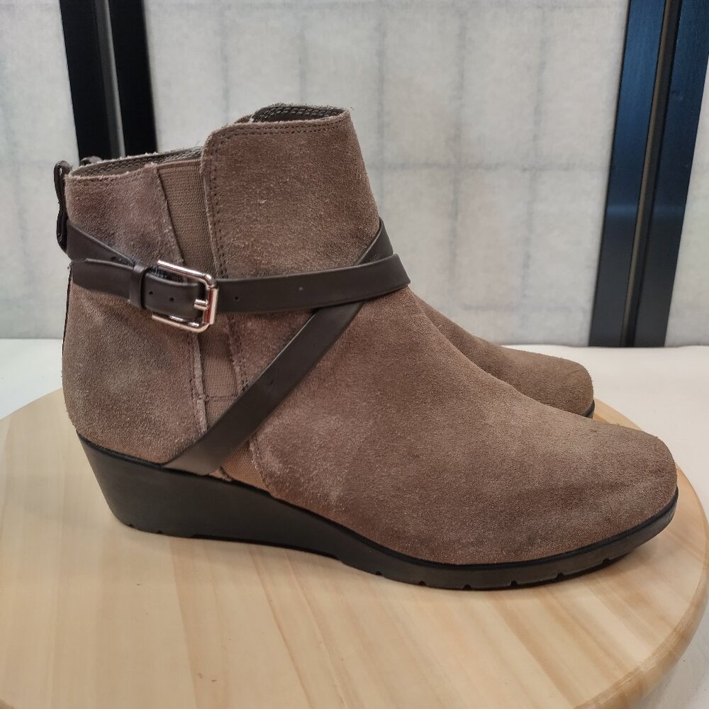GH Bass Monique Harness Taupe Suede Wedge Heel Ankle Booties Women US 8.5M